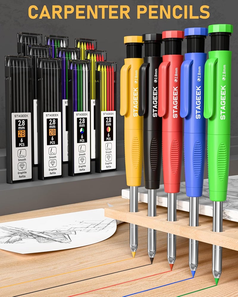 STAGEEK 49 Pack Carpenter Pencil Set with Sharpener, Carpenter Pencils with Deep Hole Long-Nib Marker Pens, Carbide Scribe Tool & Construction Pencil for Architect Woodworking with Case - Image 2